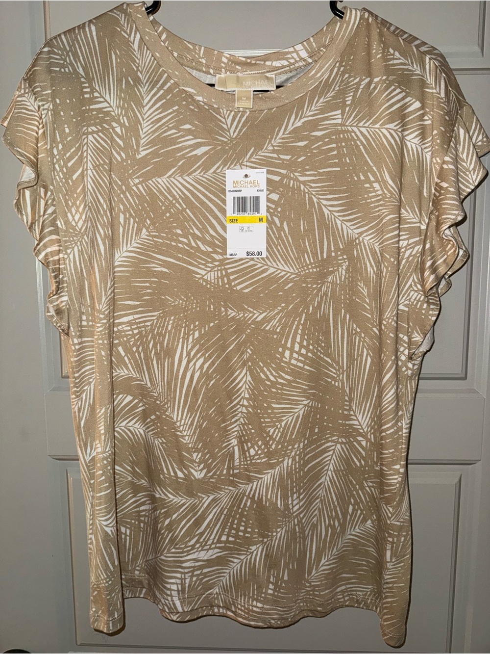Michael Kors Cream and Tan Palm-Print Flutter Sleeve Tee